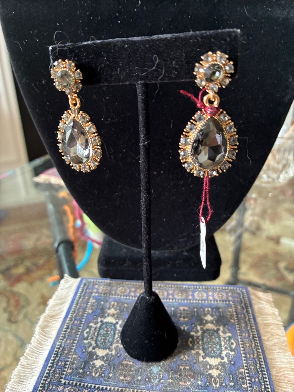 Gold-Tone Black Teardrop Crystal Drop Earrings